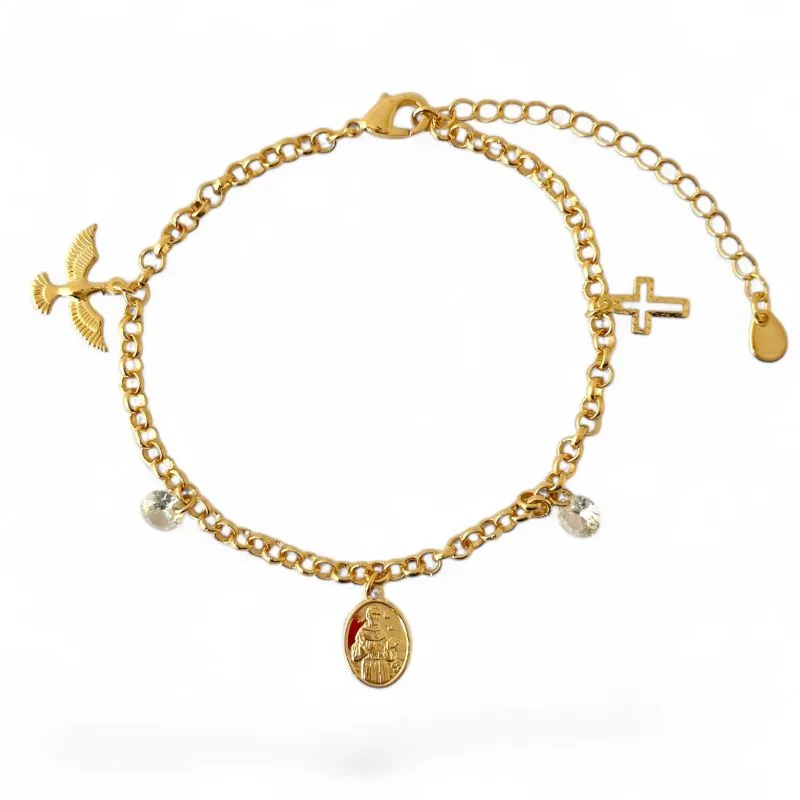 Pulseira Elo Português com Cruz, Espírito Santo, Santo Expedito e Zircônias Banhada a Ouro 18k