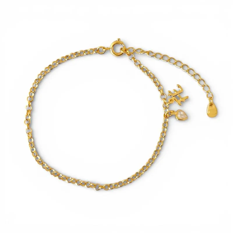 Pulseira Elo Português com Pingente de Fé e Coração em Zircônia Banhada a Ouro 18k