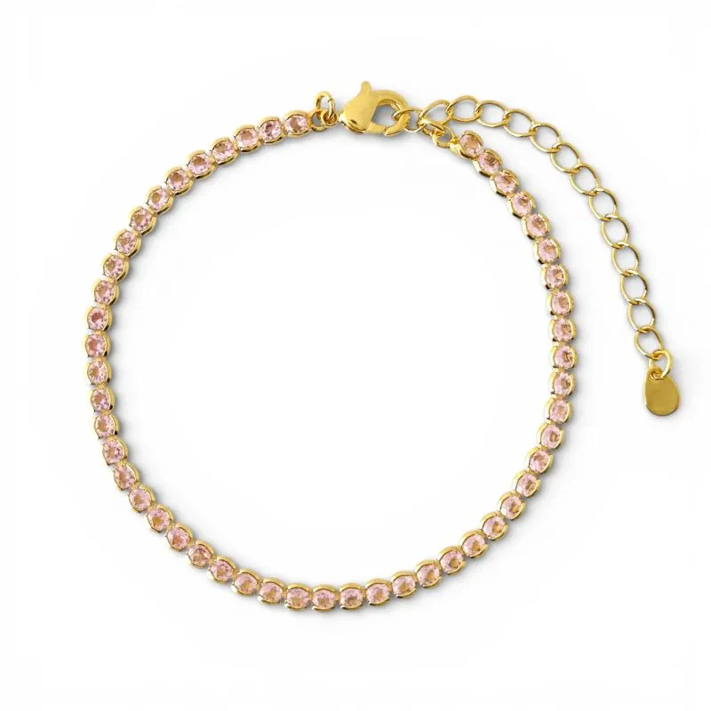 Pulseira Riviera Rosa Claro Banhada a Ouro 18k com Zircônias - 3mm