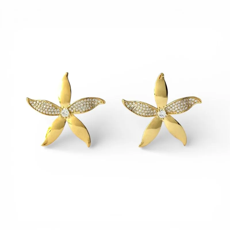 Brinco Flor Banhado a Ouro 18k Liso e com Zircônias - 2,8cm