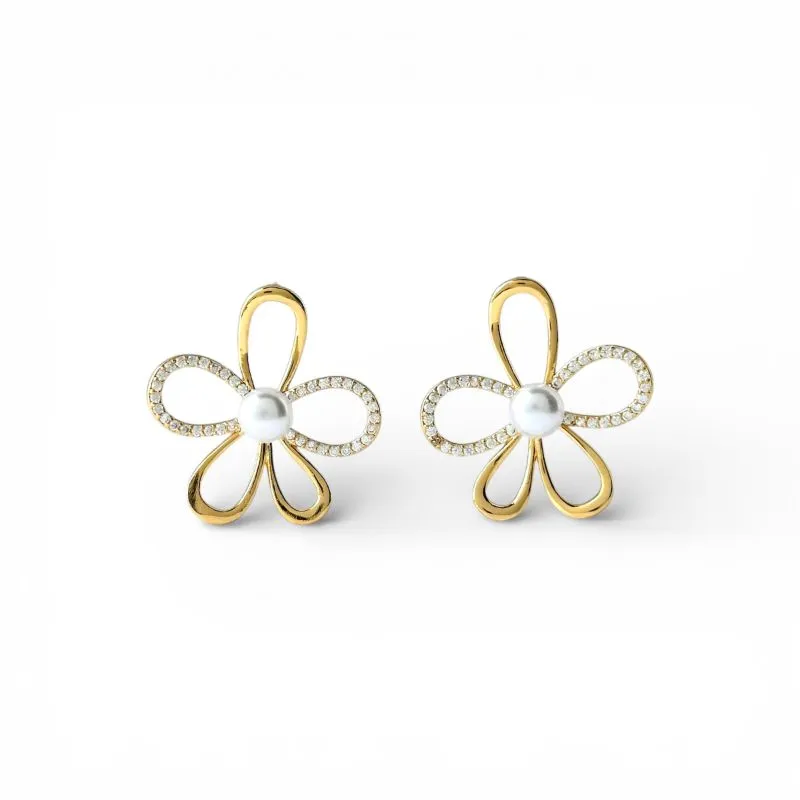 Brinco Maximalista Flor com Pérola e Zircônias Banhado a Ouro 18k - 2,5cm