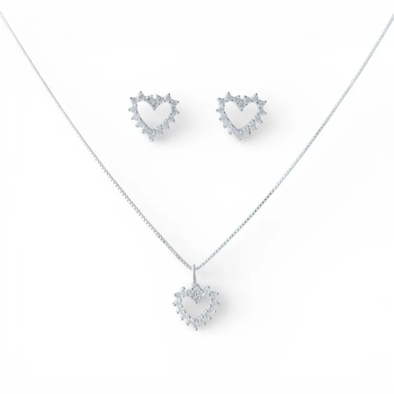 Conjunto Coração Prata 925  Vazado com Zircônias