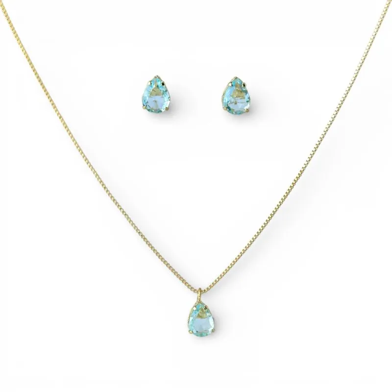 Conjunto Ponto de Luz Gota Azul Tiffany Banhado a Ouro 18k com Zircônias - 7mm