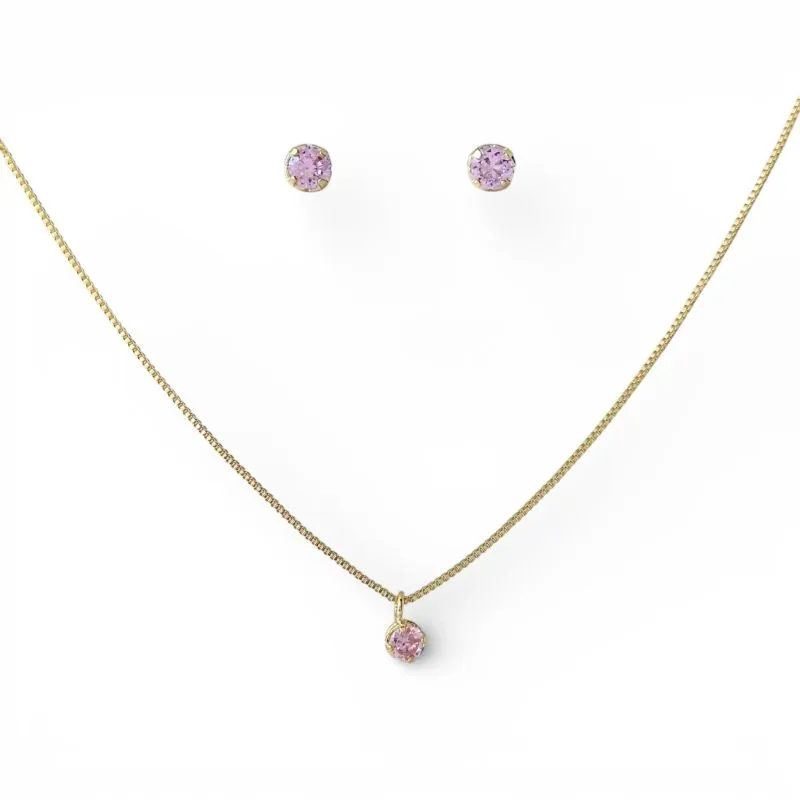 Conjunto Ponto de Luz Redondo Rosa Claro Banhado a Ouro 18k com Zircônias - 4mm