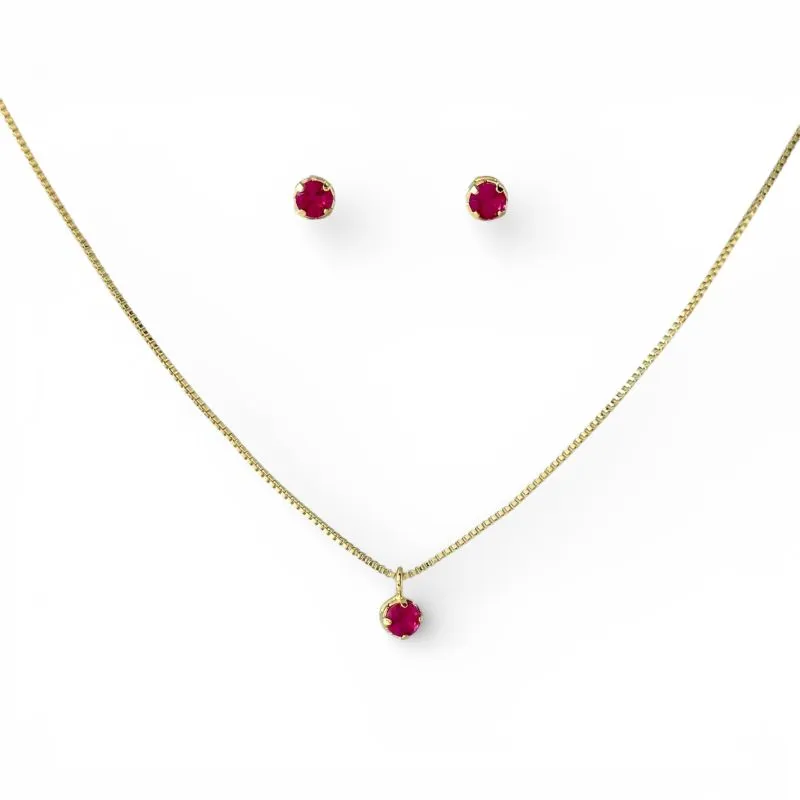 Conjunto Ponto de Luz Redondo Rosa Fúcsia Banhado a Ouro 18k com Zircônias - 4mm