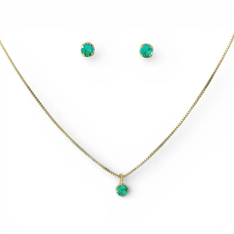 Conjunto Ponto de Luz Redondo Verde Banhado a Ouro 18k com Zircônias - 4mm