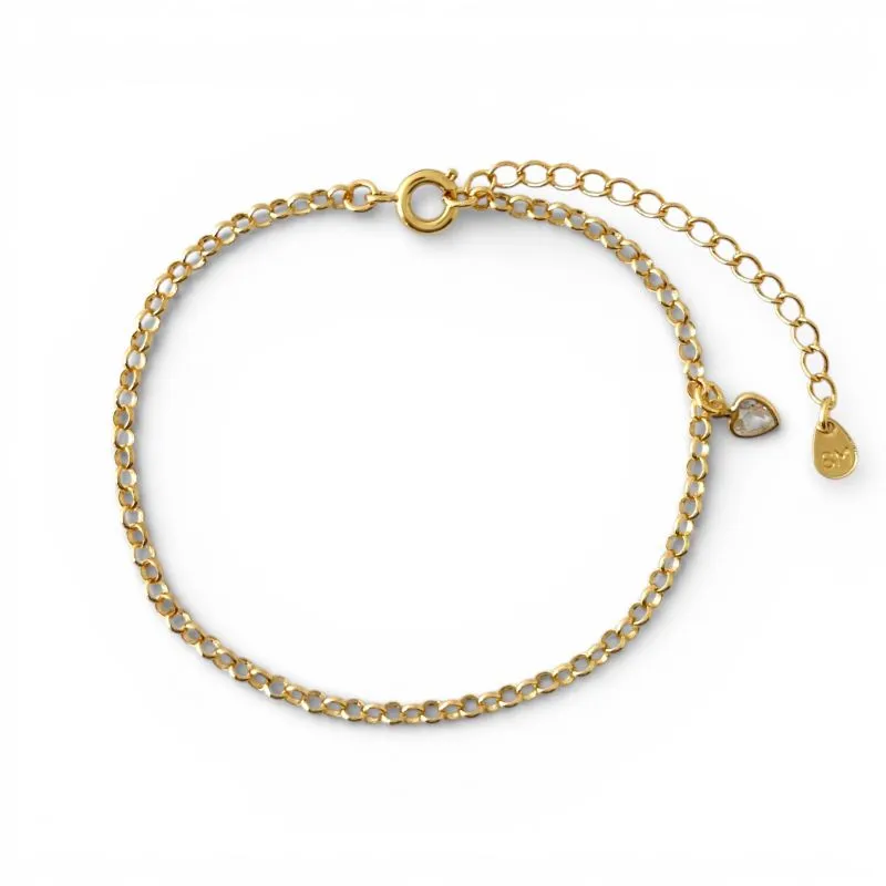 Pulseira Elo Português com Pingente de Coração em Zircônia Banhada a Ouro 18k