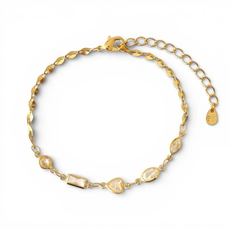 Pulseira Pedrinhas Banhada a Ouro 18k com Zircônias Cristal (Redondo, Retangular, Coração, Losango)