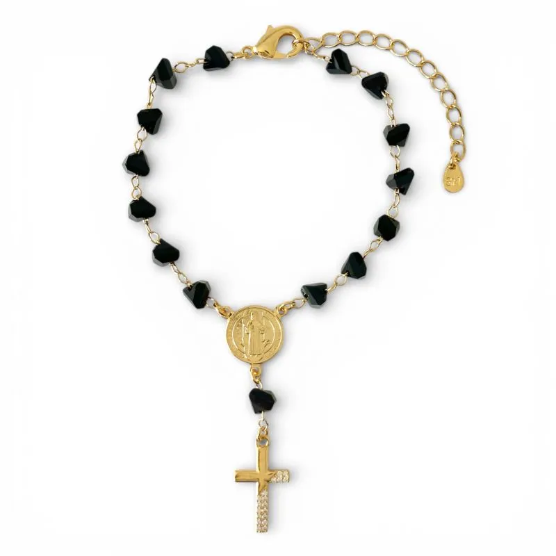 Pulseira Rosário/Terço com São Bento e Cruz Banhada a Ouro 18k com Pedras Pretas e Zicônias