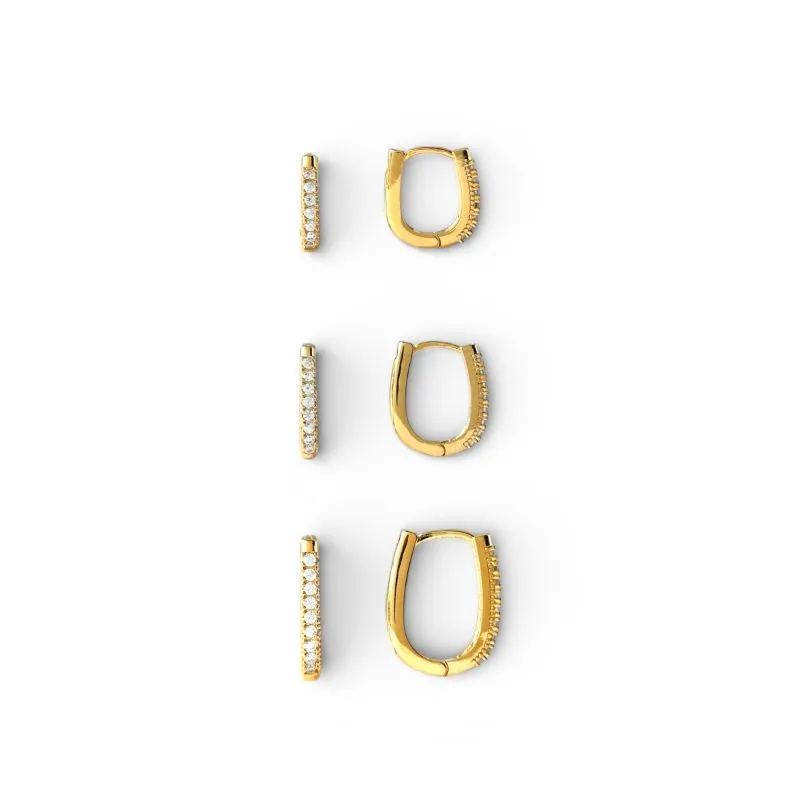 Trio de Brincos Argola Oval Banhado a Ouro 18k com 1 Linha de Zircônias
