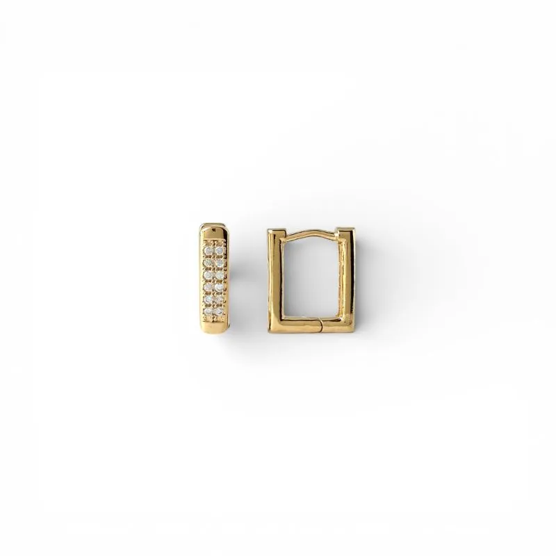 Brinco Argola Retangular com 2 Linhas de Zircônias Banhado a Ouro 18k