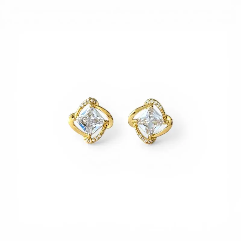 Brinco Estilo Ponto de Luz Quadrado Banhado a Ouro 18k com Zircônias