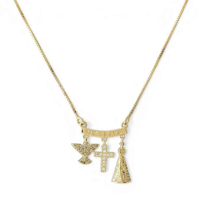 Colar Paz/Fé/Amor Banhado a Ouro 18k com Zircônias