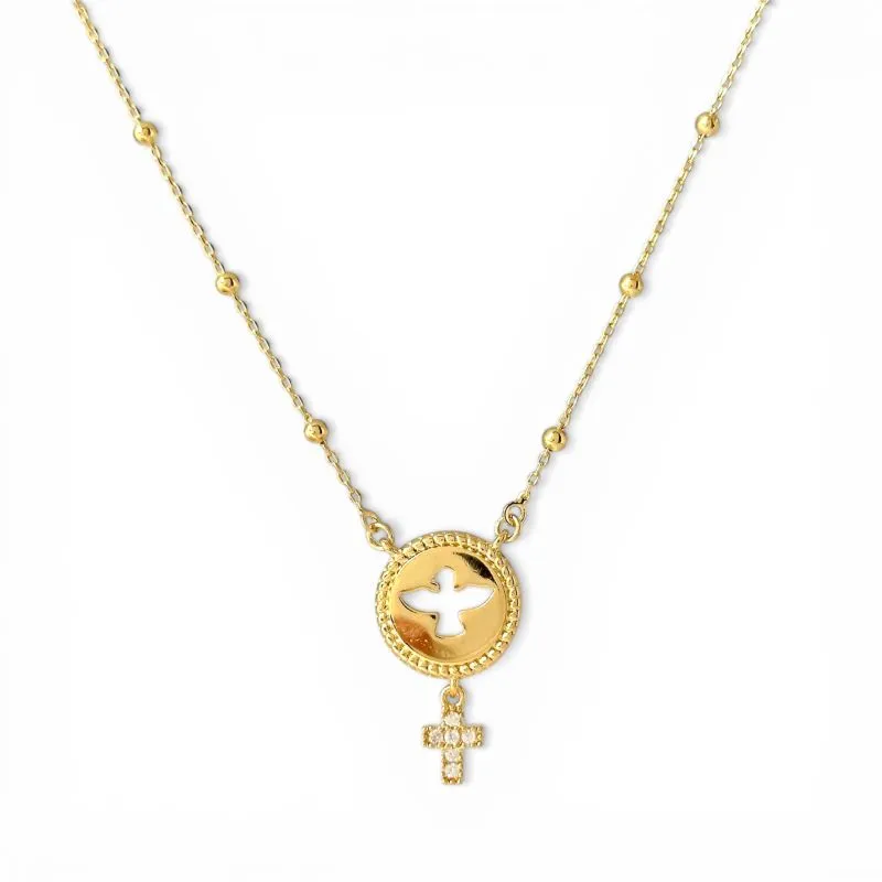 Colar Terço/Rosário com Espírito Santo e Cruz Banhado a Ouro 18k com Zircônias e Bolinhas