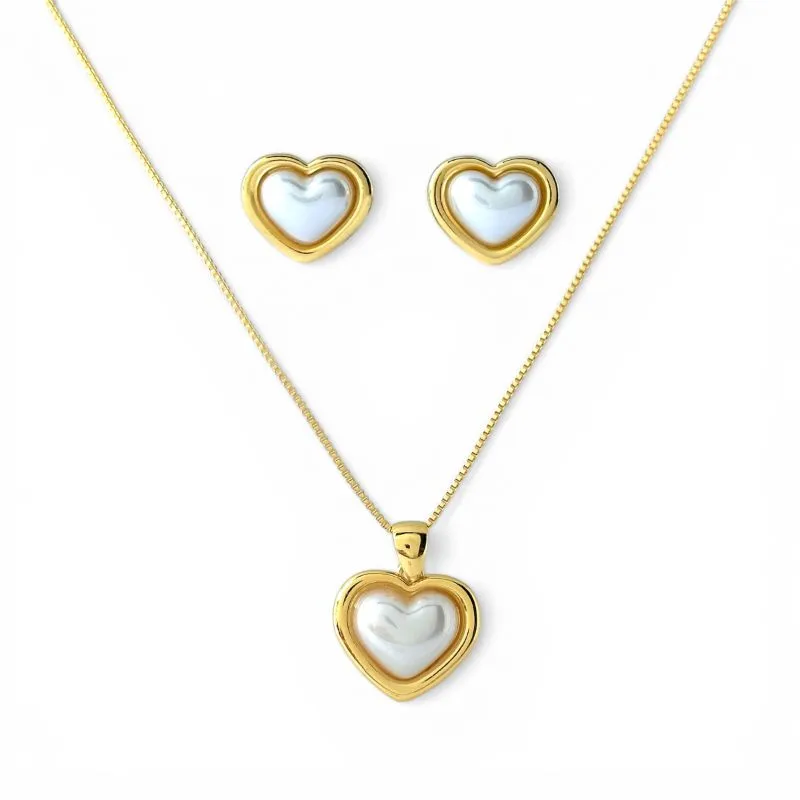 Conjunto Coração com Pérola Banhado a Ouro 18k