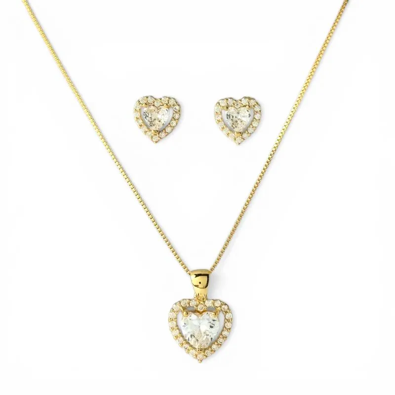 Conjunto Coração Cristal Banhado a Ouro 18k com Microzircônias ao Redor