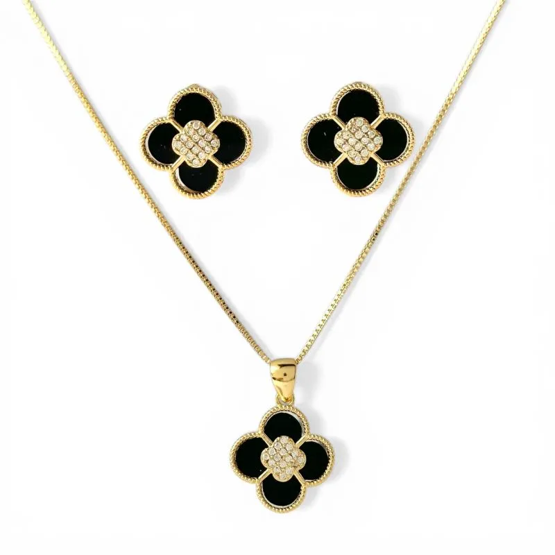 Conjunto Flor Preta com Zircônias