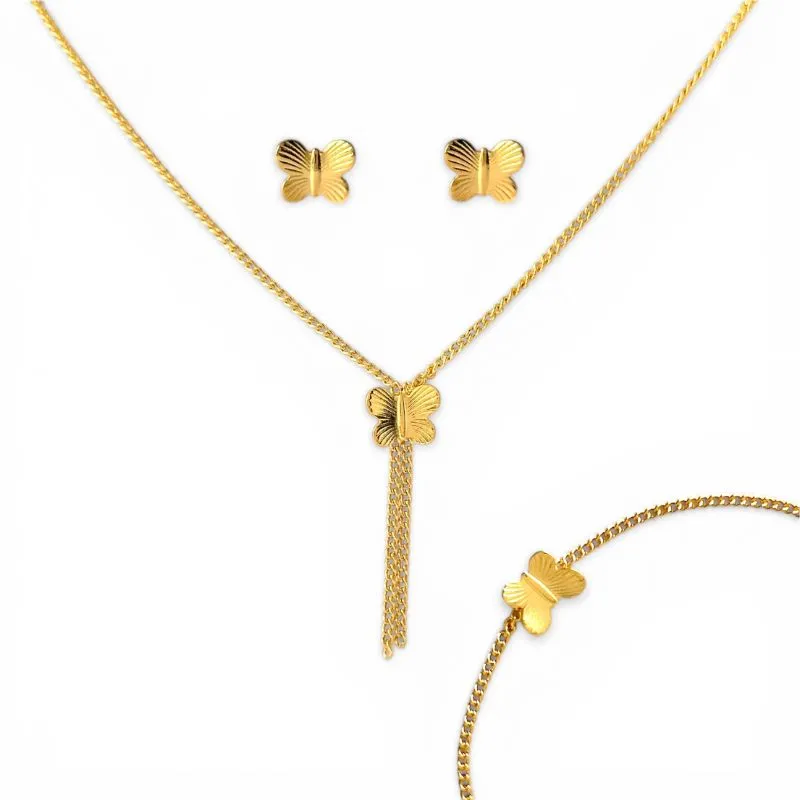 Conjunto Kit Infantil Borboleta Lisa Banhado a Ouro 18k (Brinco + Colar + Pulseira)