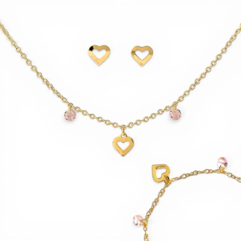 Conjunto Kit Infantil Coração Banhado a Ouro 18k com Zircônias Rosa (Brinco + Colar + Pulseira)