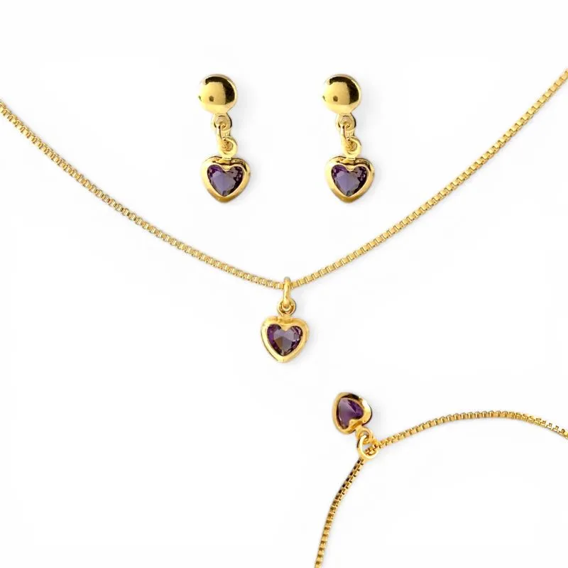 Conjunto Kit Infantil Coração Lilás Banhado a Ouro 18k com Zircônias (Brinco + Colar + Pulseira)