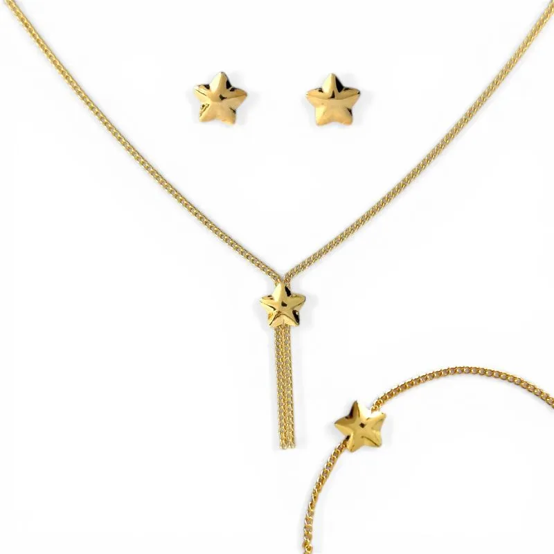 Conjunto Kit Infantil Estrela Lisa Banhado a Ouro 18k (Brinco + Colar + Pulseira)