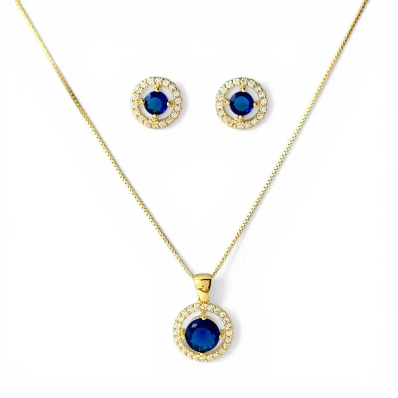 Conjunto Redondo Azul Safira Banhado a Ouro 18k com Microzircônias ao Redor