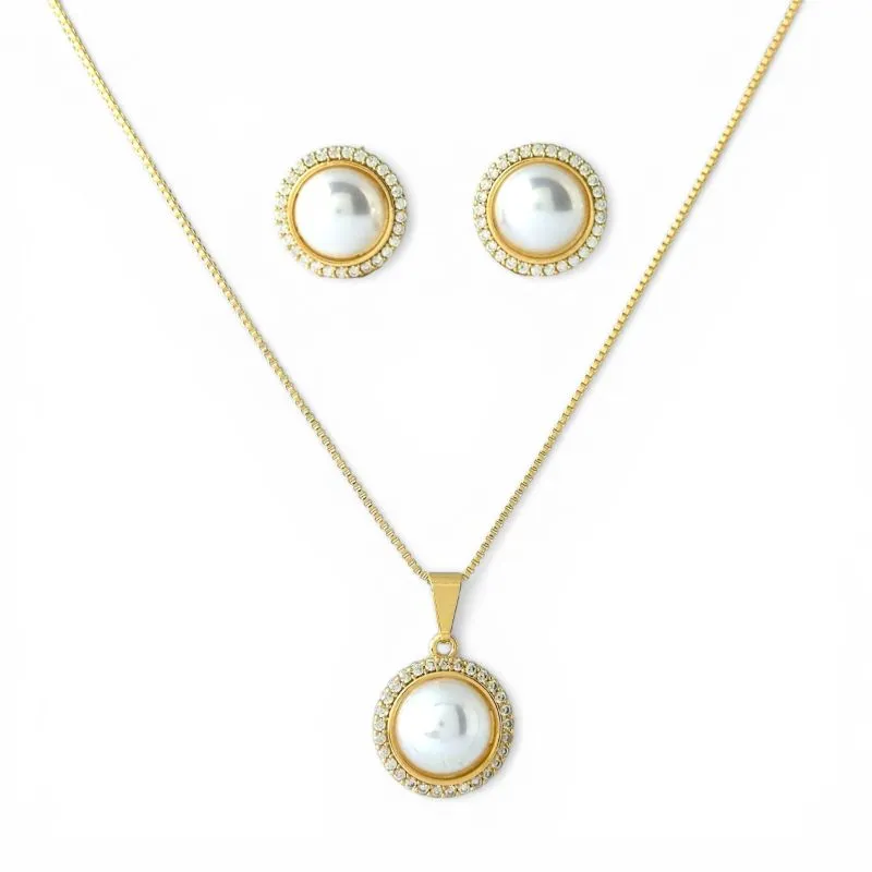Conjunto Redondo com Pérolas Banhado a Ouro 18k e com Zircônias