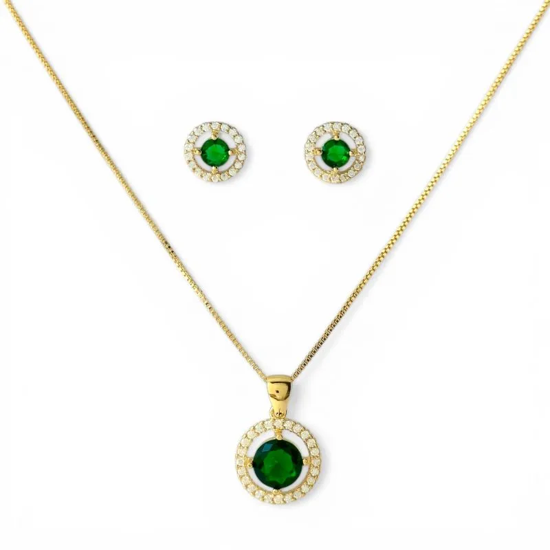 Conjunto Redondo Verde Esmeralda Banhado a Ouro 18k com Microzircônias ao Redor