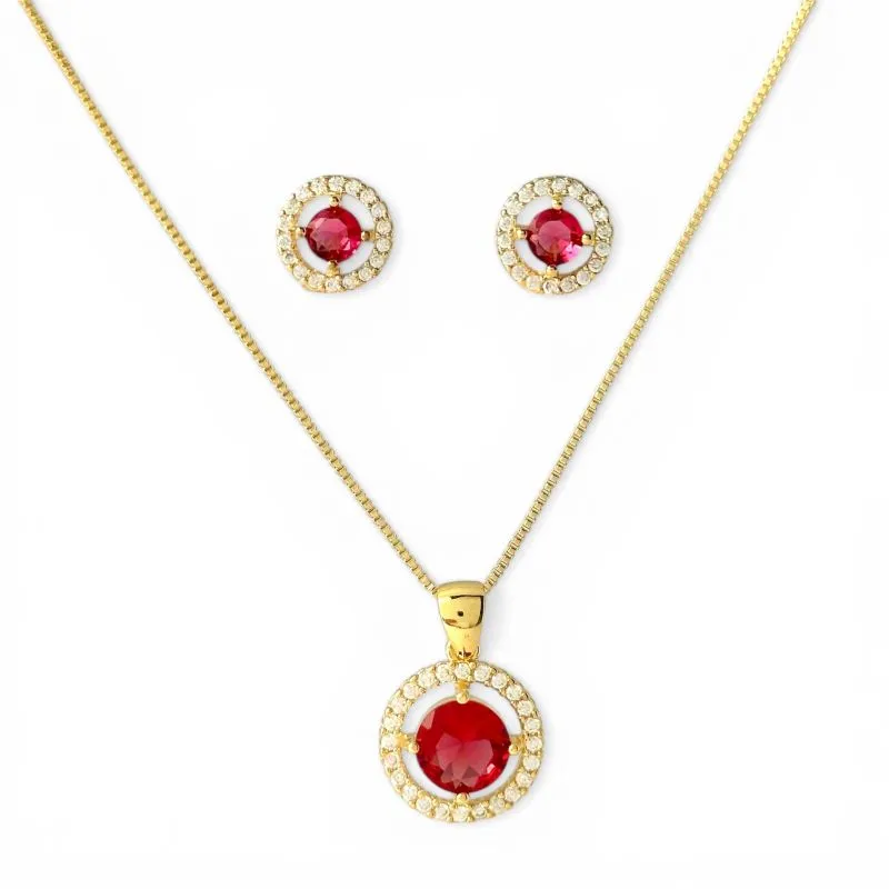 Conjunto Redondo Vermelho Rubi Banhado a Ouro 18k com Microzircônias ao Redor