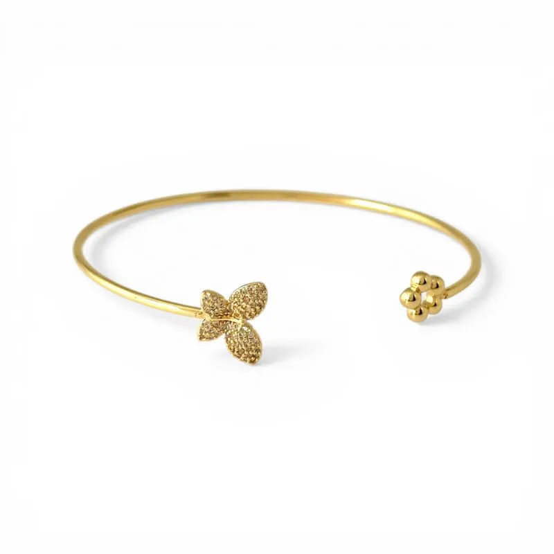 Pulseira Bracelete Aberto Borboleta e Flor Banhado a Ouro 18k com Zircônias