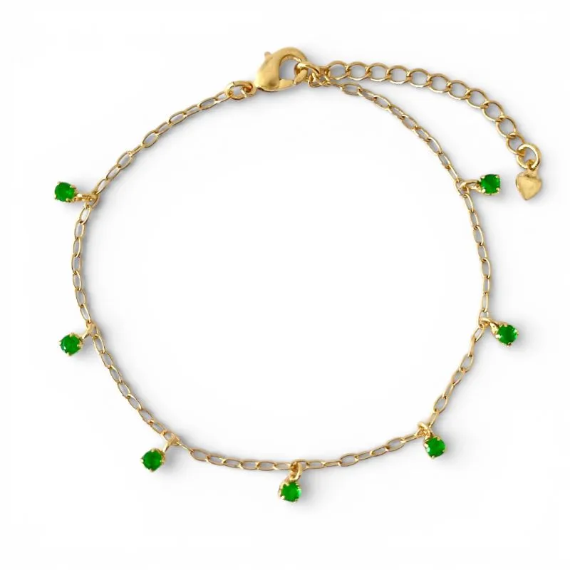 Pulseira com Zircônias Verde Esmeralda Pendurada Banhado a Ouro 18k