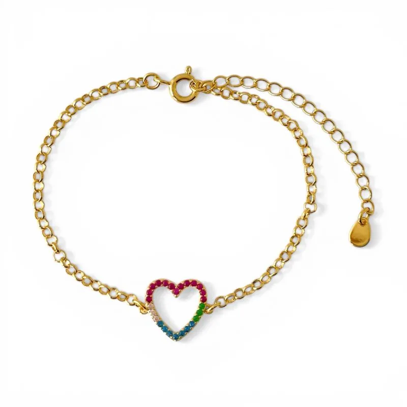 Pulseira Coração Banhada a Ouro 18k Vazado com Zircônias Coloridas