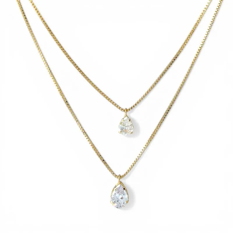 Colar Duplo Ponto de Luz Banhado a Ouro 18k com Zircônia em Formato Gota