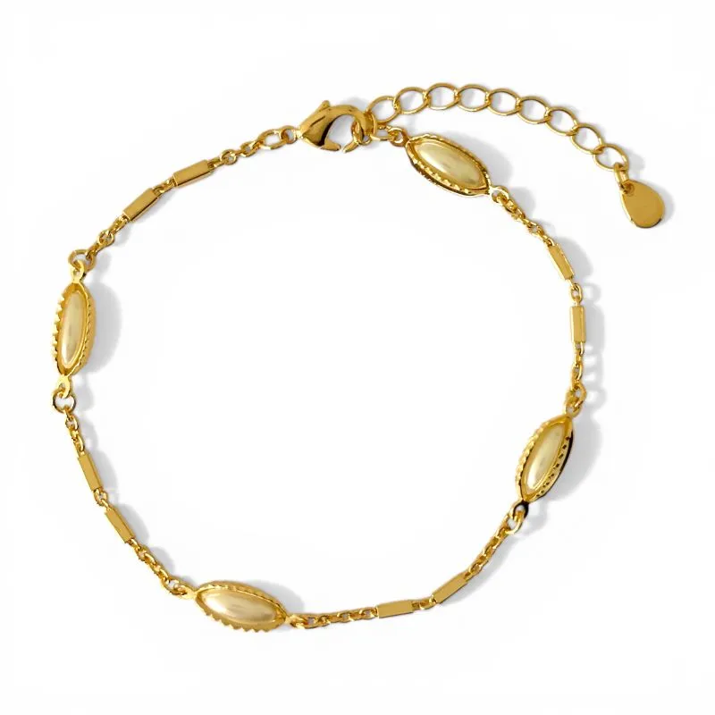 Pulseira de Pérolas Navete Banhada a Ouro 18k com Corrente de Tubinhos