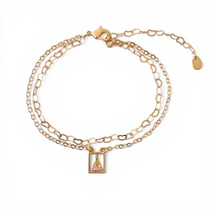 Pulseira Dupla Estilo Escapulário com Nossa Senhora Banhada a Ouro 18k com Zircônias