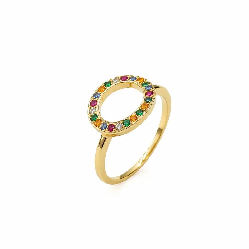 Anel Circulo Cravejado Vazado Banhado a Ouro 18K com Zircônias Coloridas