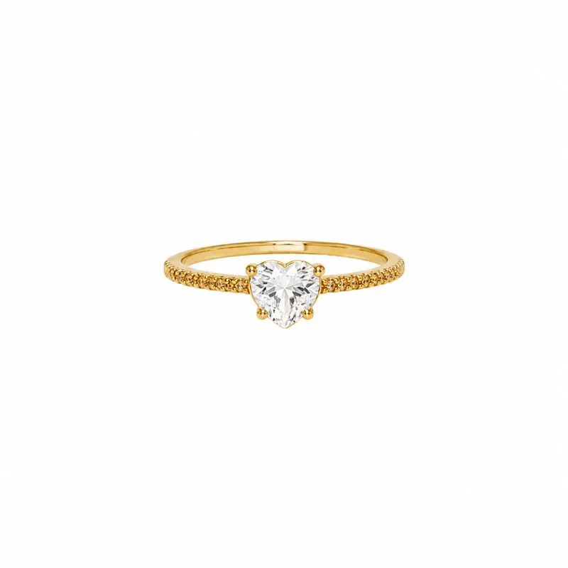 Anel Estilo Solitário em Forma de Coração Banhado a Ouro 18k com Zircônias Tam19