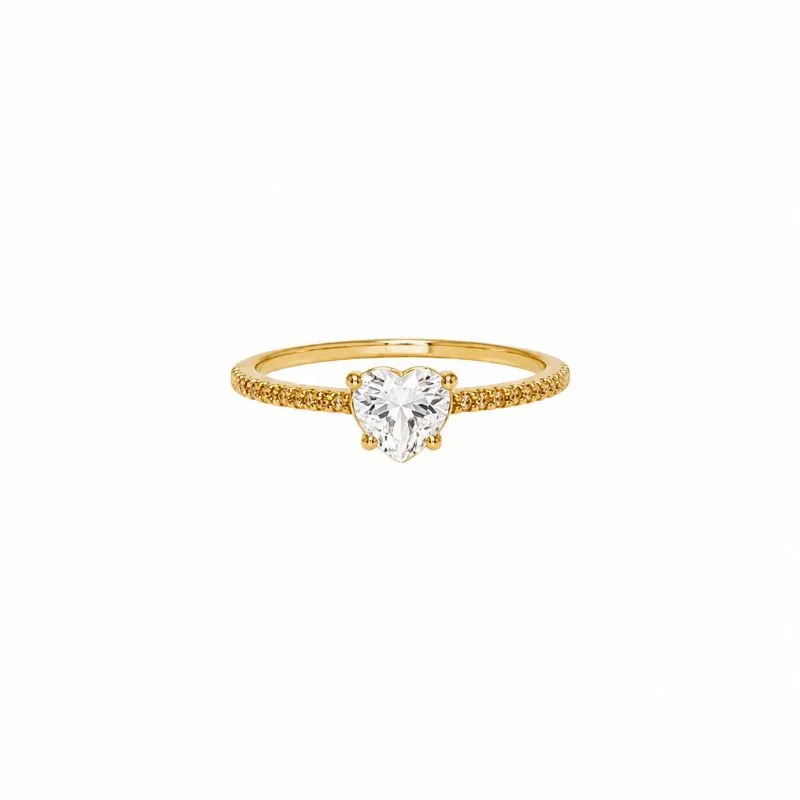 Anel Estilo Solitário em Forma de Coração Banhado a Ouro 18k com Zircônias Tam21