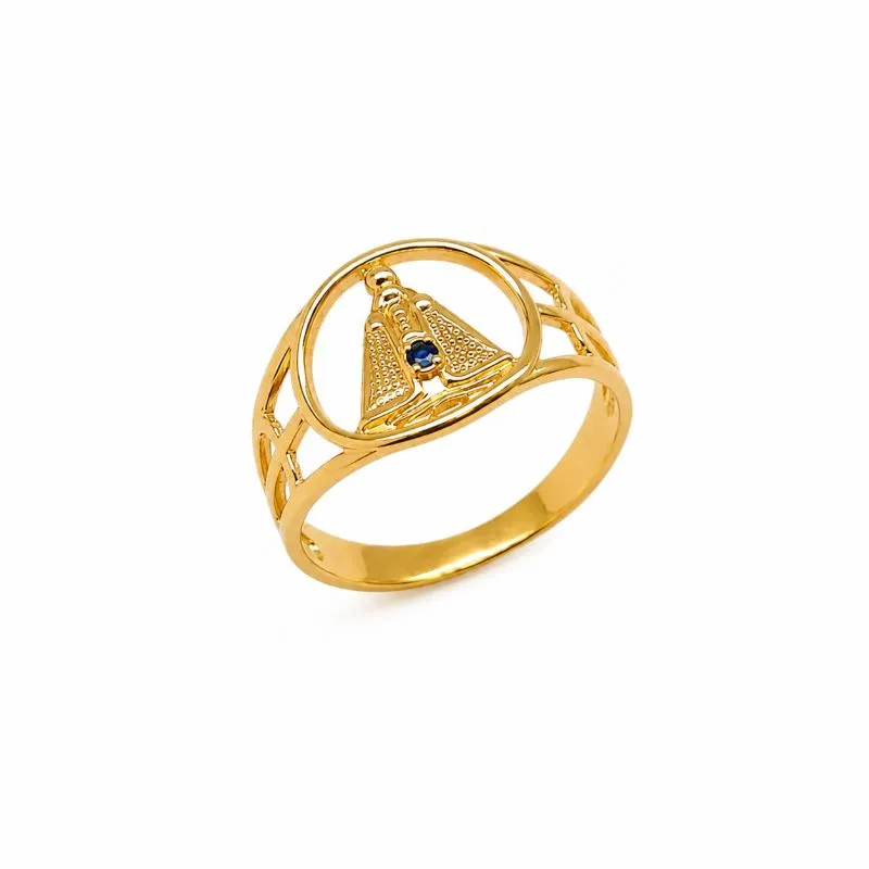 Anel Nossa Senhora Banhado a Ouro 18k com Linhas e Zircônia Azul Tam18