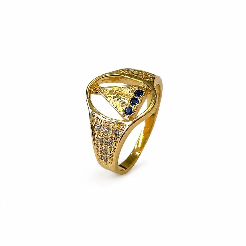 Anel Nossa Senhora com Pedra Branca e Azul Banhado a Ouro 18k Aro com Zircônia Tam19
