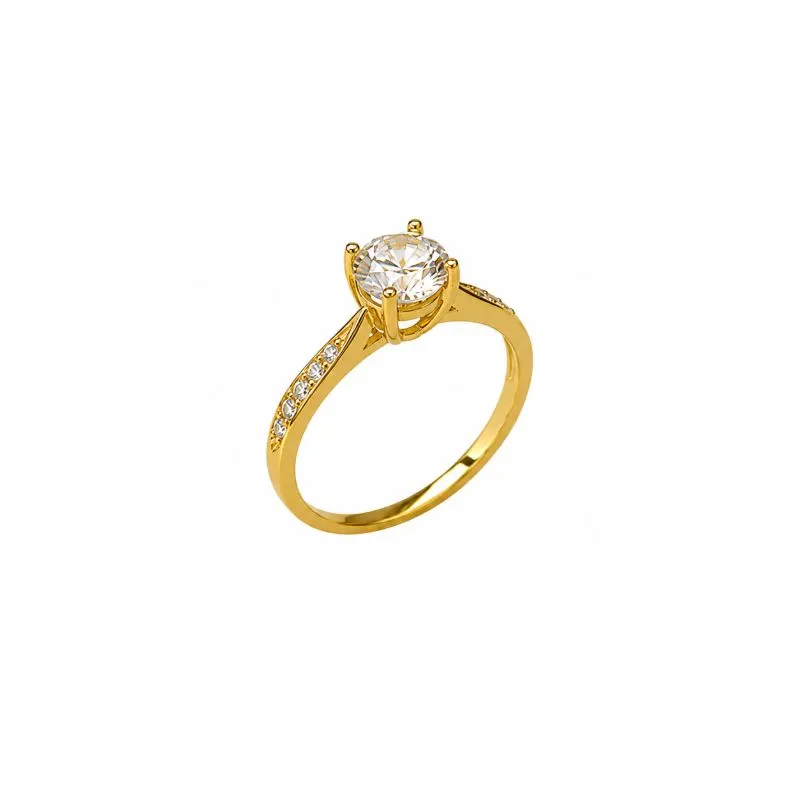Anel Solitário Banhado a Ouro 18k e Aro Cravejado com Zircônias