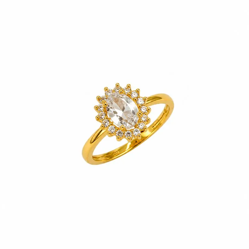 Anel Solitário Estilo Flor Banhado a Ouro 18k com Zircônias e Zircônia Oval Tam25