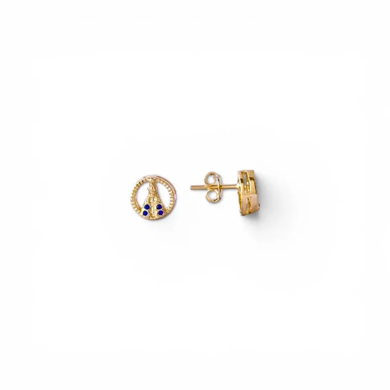 Brinco Nossa Senhora Redondo Banhado a Ouro 18k com Zircônias Azul Safira - 9mm