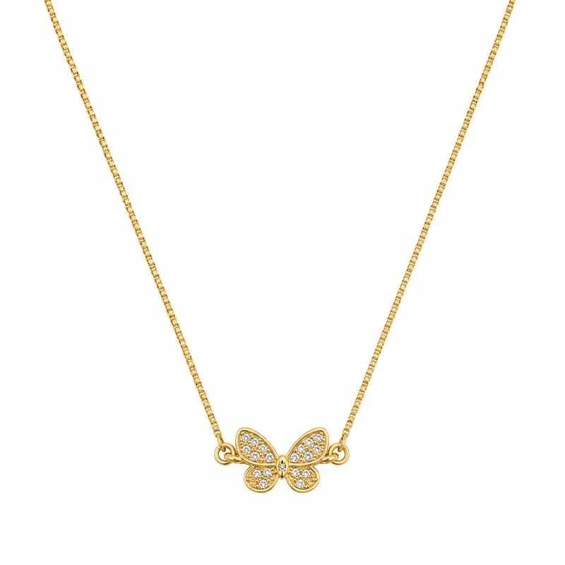 Colar Borboleta Banhado a Ouro 18k com Zircônias - 38cm + 10cm (alongador)
