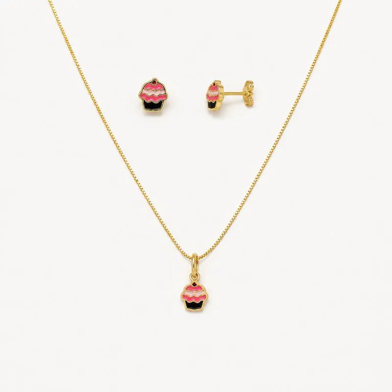 Conjunto Infantil Cupcake Banhado a Ouro 18k - 40cm + 5cm (alongador)