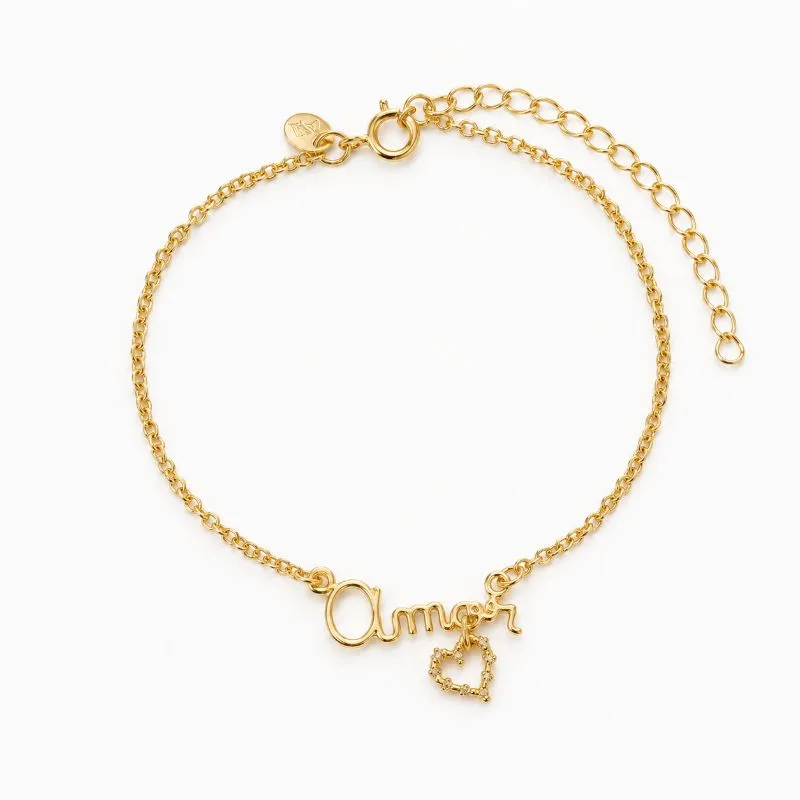 Pulseira Amor e Coração Banhada a Ouro 18k com Zircônias - 17cm + 5cm (alongador)