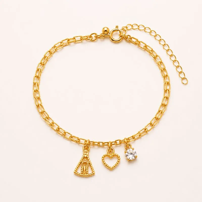Pulseira Dupla Nossa Senhora com Coração e Zircônia Banhada a Ouro 18k - 16cm + 5cm (alongador)