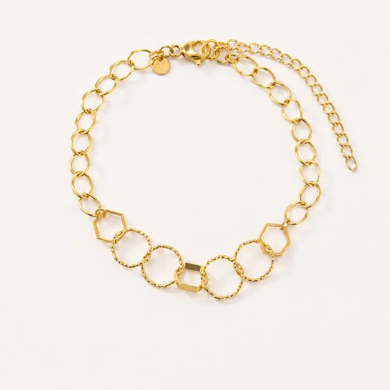 Pulseira Elos Geométricos Intercalados Banhada a Ouro 18k - 18cm + 5cm (alongador)
