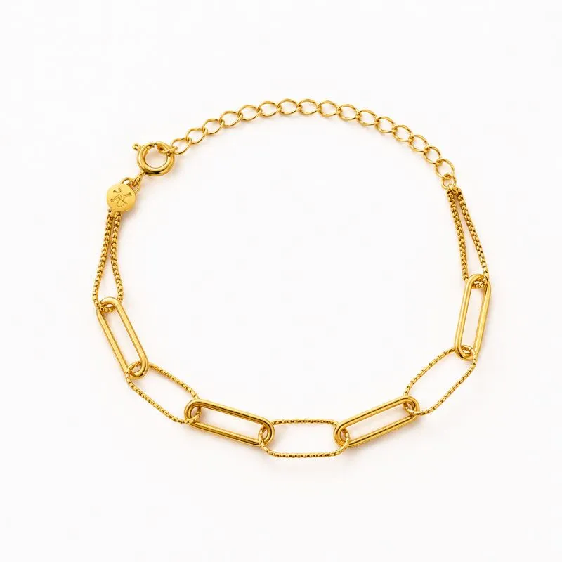 Pulseira Elos Retangulares Lisos e Trabalhados Banhada em Ouro 18k - 14cm + 5cm (alongador)