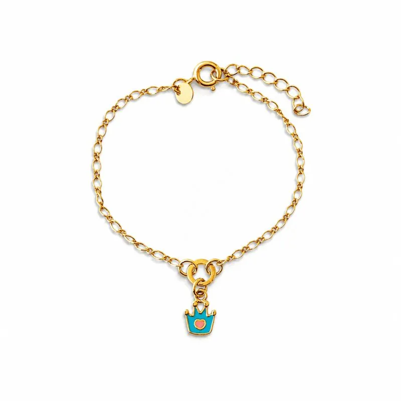 Pulseira Infantil Coroa Azul Banhada a Ouro 18k - 13,5cm + 2cm (alongador)